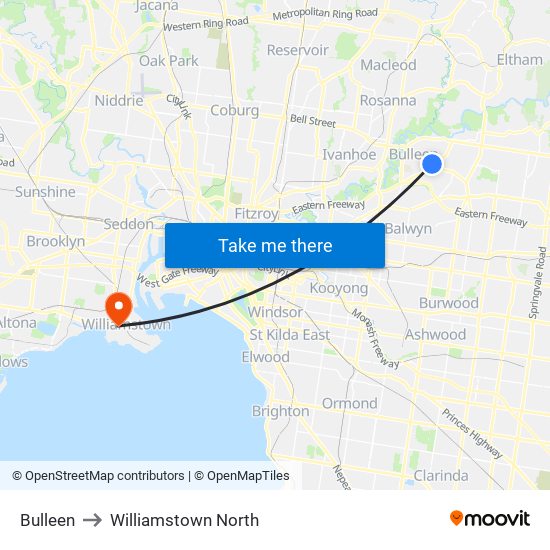 Bulleen to Williamstown North map