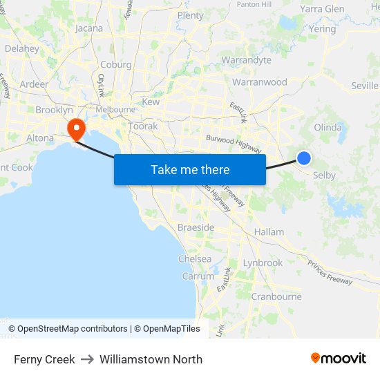 Ferny Creek to Williamstown North map