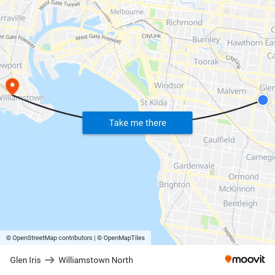 Glen Iris to Williamstown North map