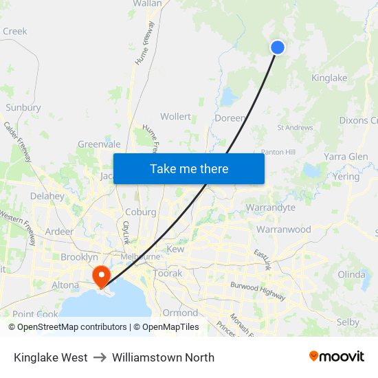 Kinglake West to Williamstown North map
