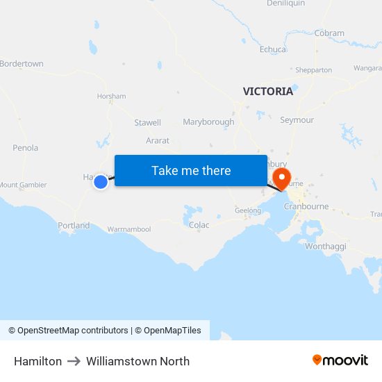 Hamilton to Williamstown North map