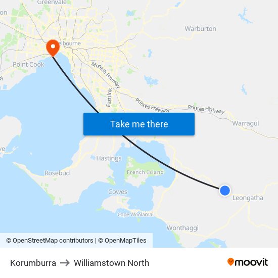 Korumburra to Williamstown North map