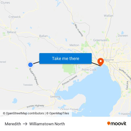 Meredith to Williamstown North map