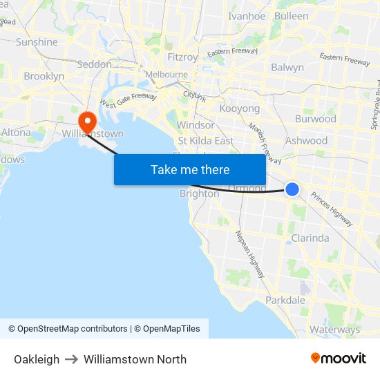 Oakleigh to Williamstown North map