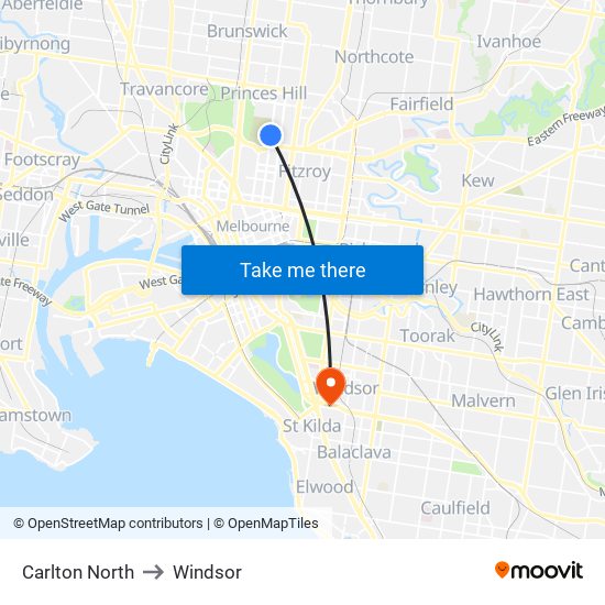 Carlton North to Windsor map