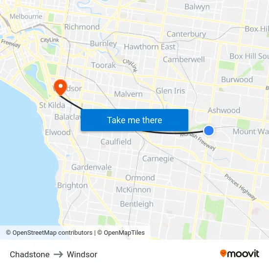 Chadstone to Windsor map