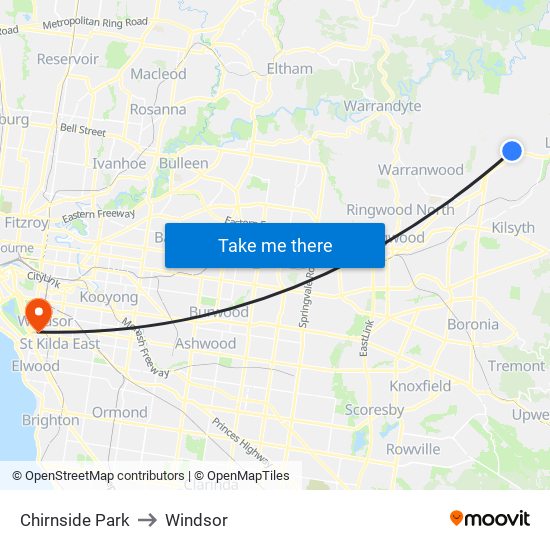 Chirnside Park to Windsor map