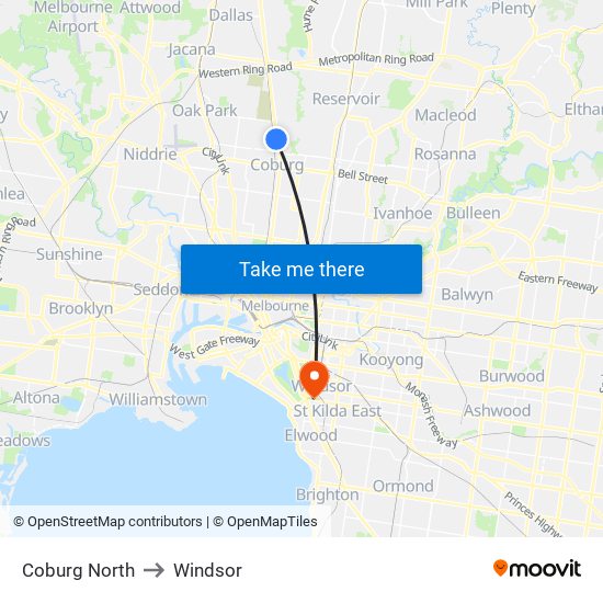 Coburg North to Windsor map