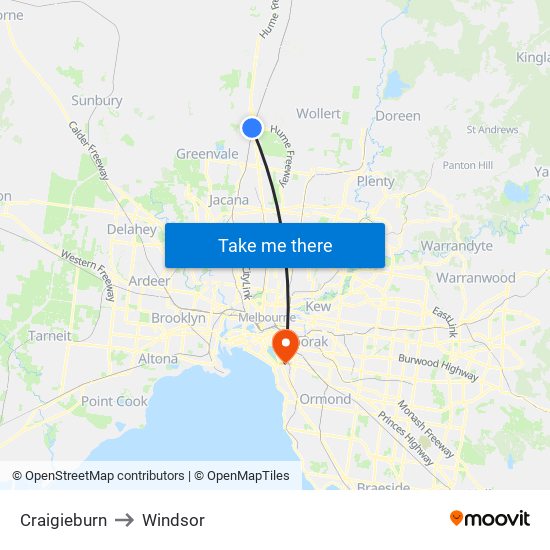 Craigieburn to Windsor map