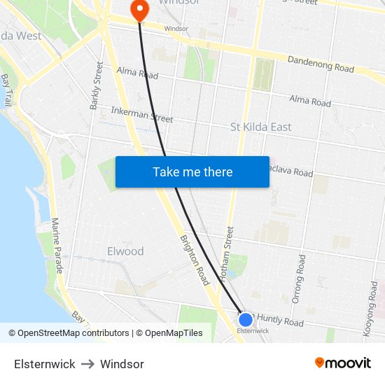 Elsternwick to Windsor map