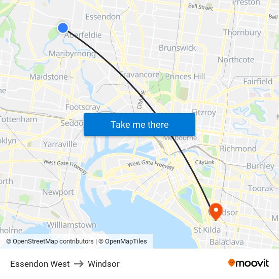 Essendon West to Windsor map