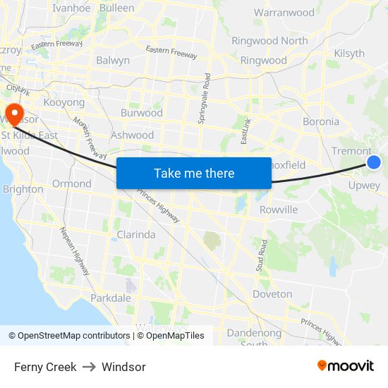 Ferny Creek to Windsor map