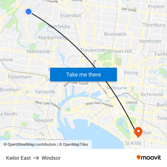 Keilor East to Windsor map