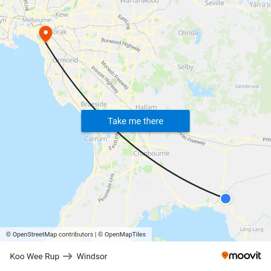 Koo Wee Rup to Windsor map