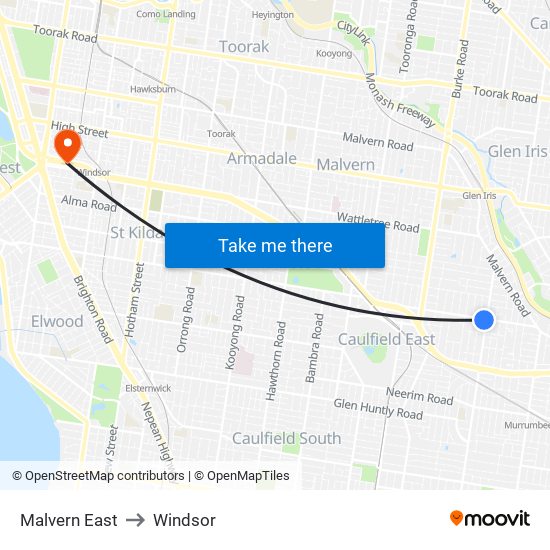 Malvern East to Windsor map