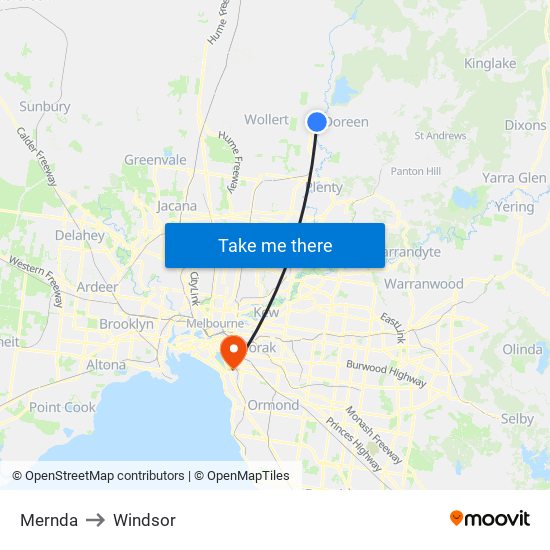 Mernda to Windsor map