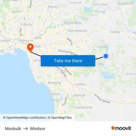 Monbulk to Windsor map