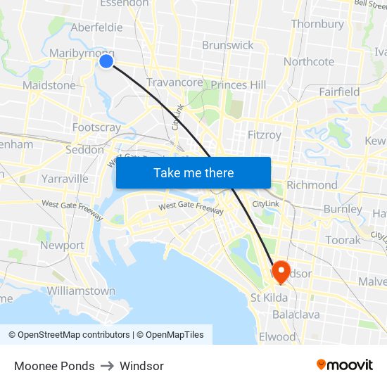 Moonee Ponds to Windsor map