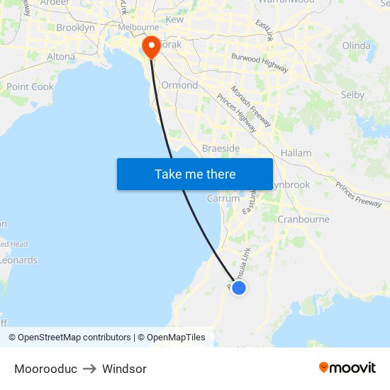 Moorooduc to Windsor map