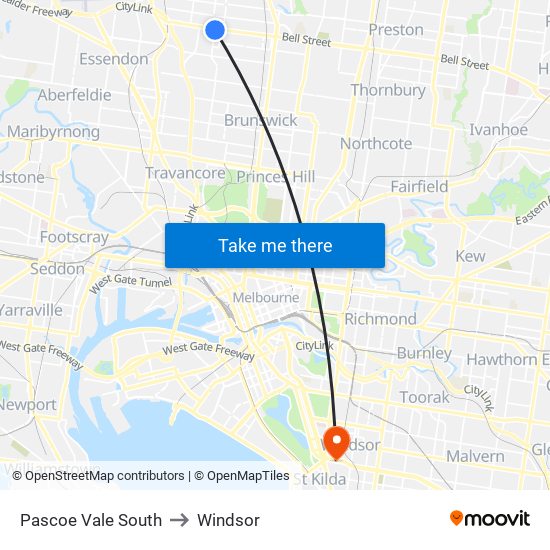 Pascoe Vale South to Windsor map