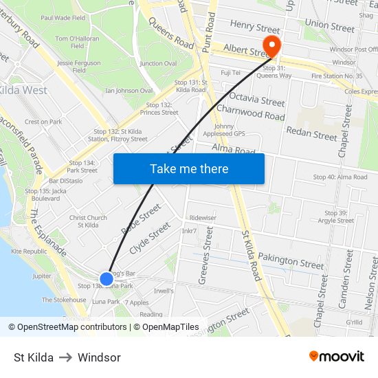 St Kilda to Windsor map