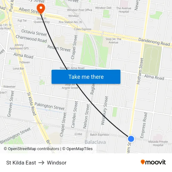 St Kilda East to Windsor map