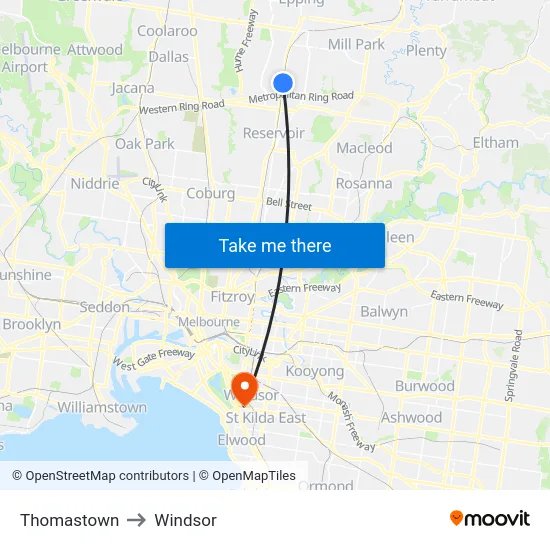 Thomastown to Windsor map