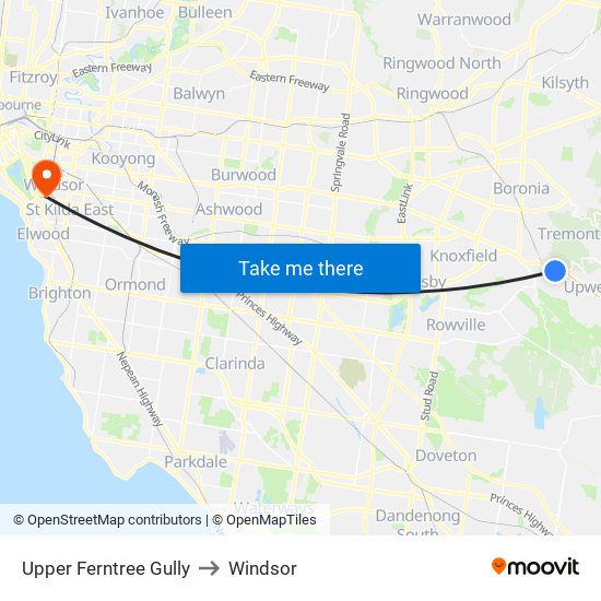 Upper Ferntree Gully to Windsor map