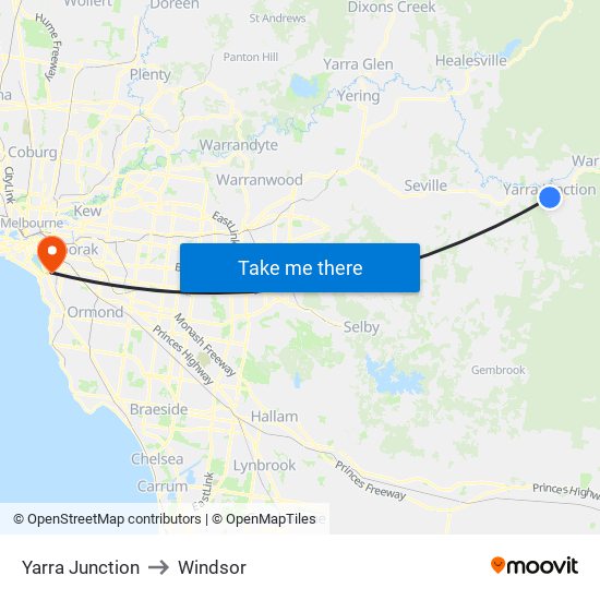 Yarra Junction to Windsor map