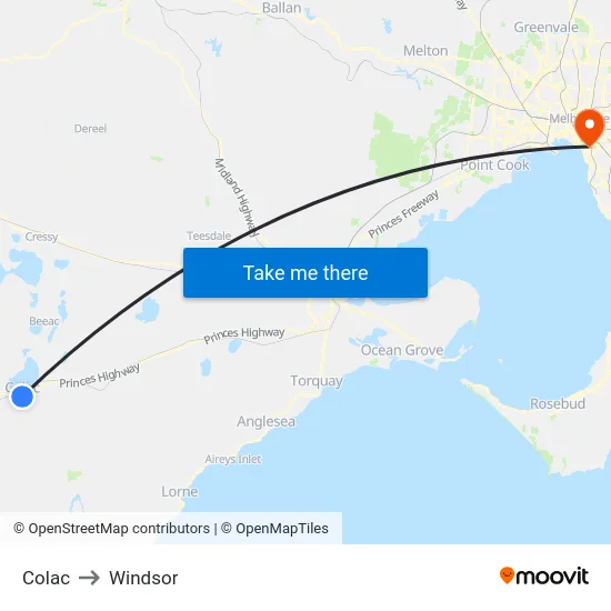 Colac to Windsor map