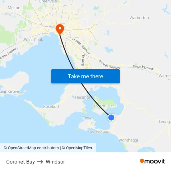 Coronet Bay to Windsor map