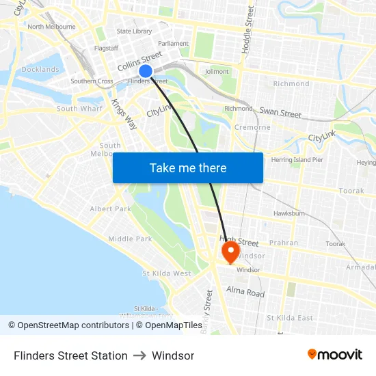 Flinders Street Station to Windsor map