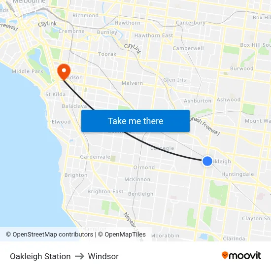 Oakleigh Station to Windsor map