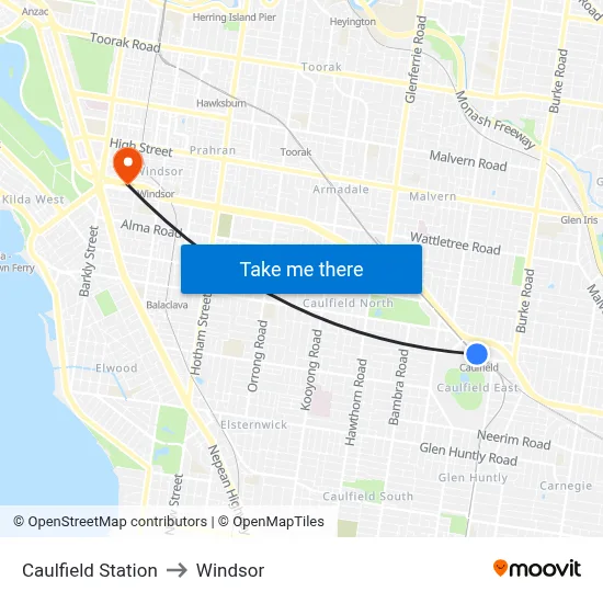 Caulfield Station to Windsor map