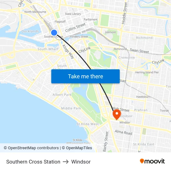 Southern Cross Station to Windsor map