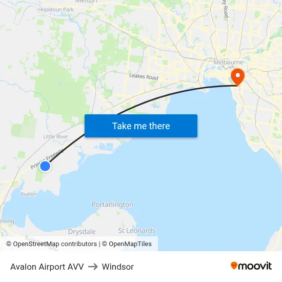 Avalon Airport AVV to Windsor map
