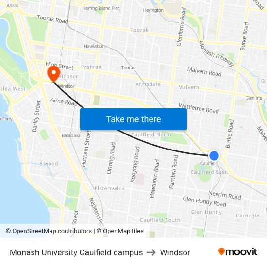 Monash University Caulfield campus to Windsor map