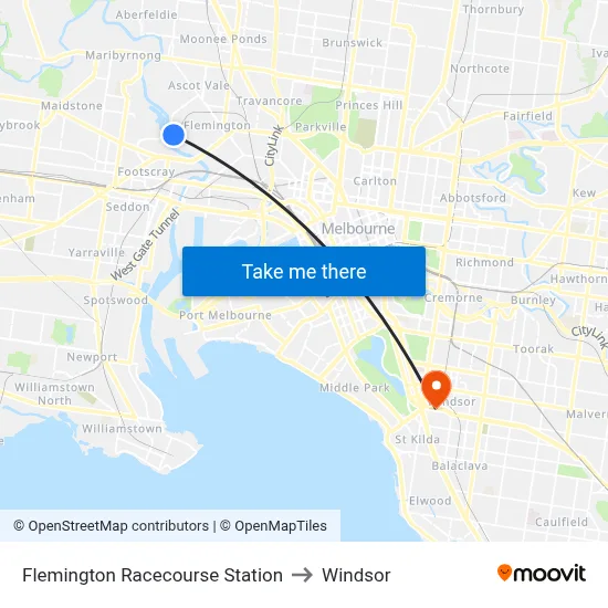 Flemington Racecourse Station to Windsor map