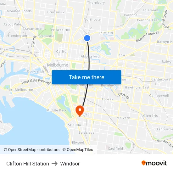 Clifton Hill Station to Windsor map