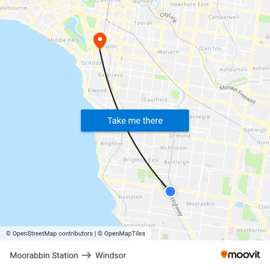 Moorabbin Station to Windsor map