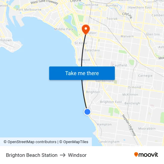 Brighton Beach Station to Windsor map