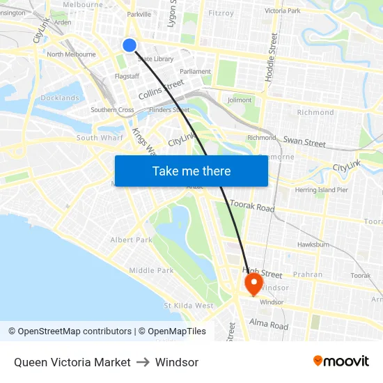 Queen Victoria Market to Windsor map