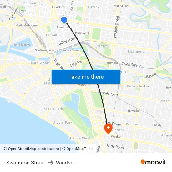 Swanston Street to Windsor map