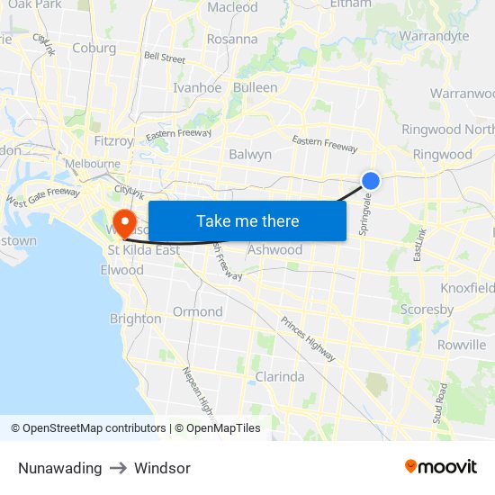 Nunawading to Windsor map