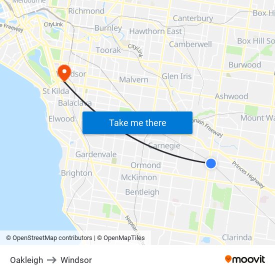 Oakleigh to Windsor map
