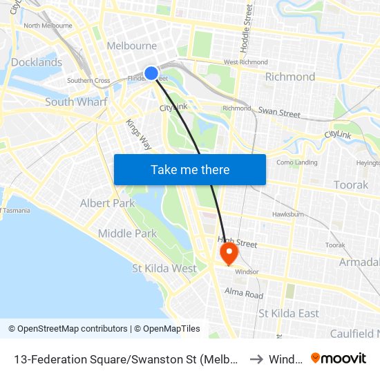 13-Federation Square/Swanston St (Melbourne City) to Windsor map