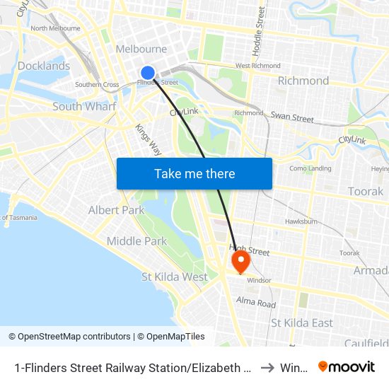 1-Flinders Street Railway Station/Elizabeth St (Melbourne City) to Windsor map