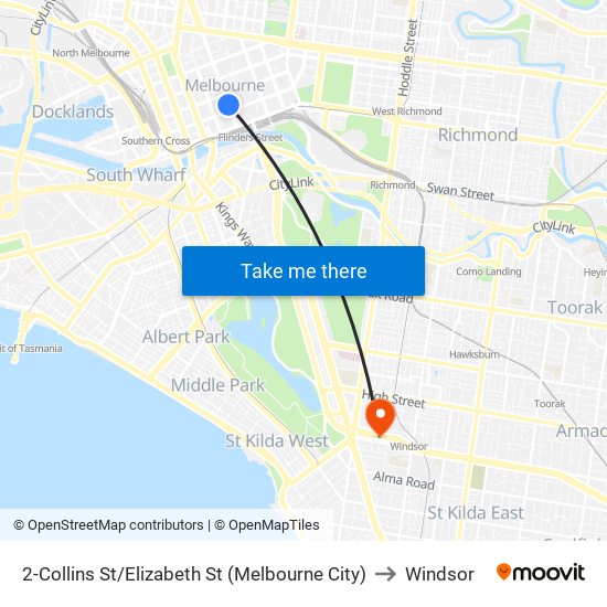 2-Collins St/Elizabeth St (Melbourne City) to Windsor map