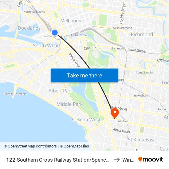 122-Southern Cross Railway Station/Spencer St (Melbourne City) to Windsor map