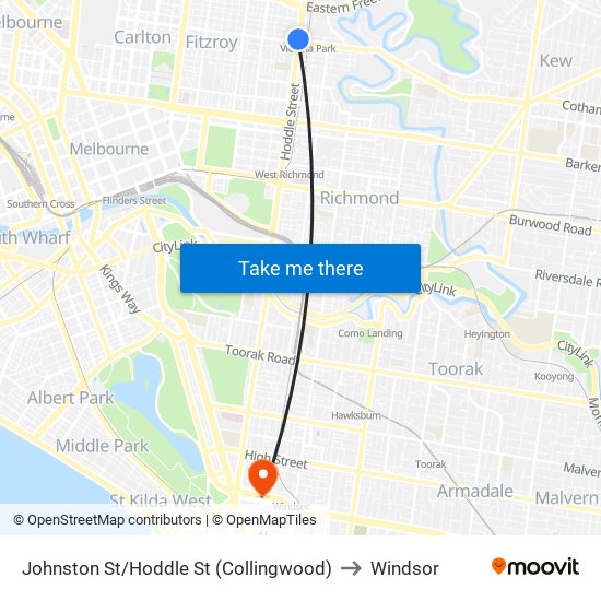 Johnston St/Hoddle St (Collingwood) to Windsor map